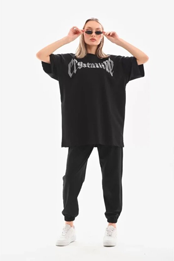 Unisex Taş Desenli Oversize Thirt Beyaz