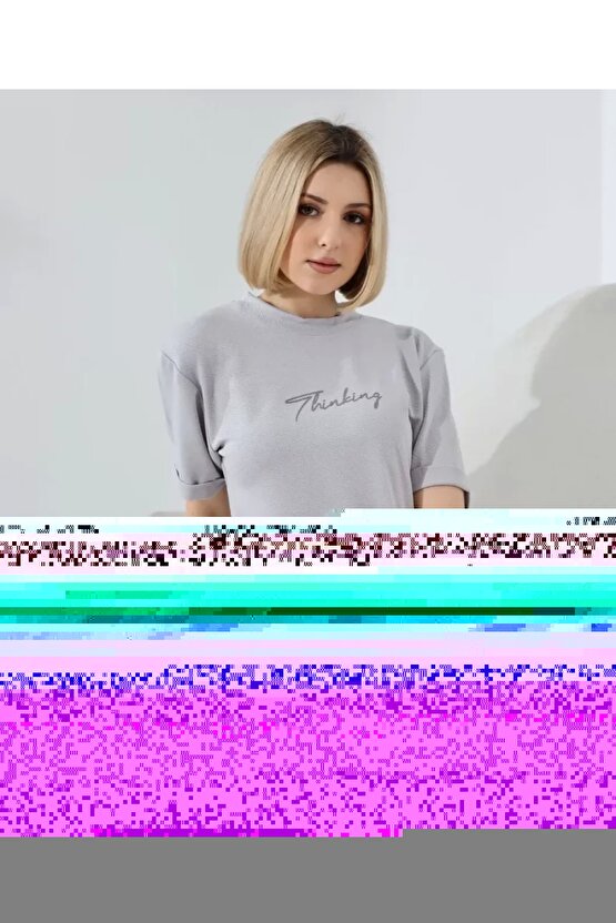 Unisex Bisiklet Yaka Baskılı lim Fit Thirt Boyalı Gri