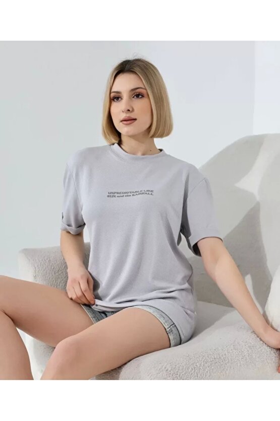 Unisex Bisiklet Yaka Baskılı lim Fit Thirt Boyalı Gri