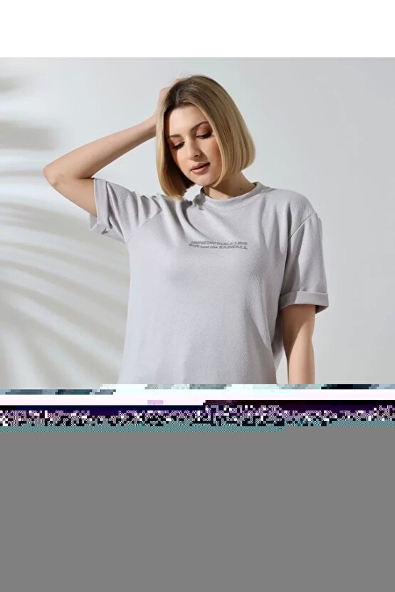 Unisex Bisiklet Yaka Baskılı lim Fit Thirt Boyalı Gri