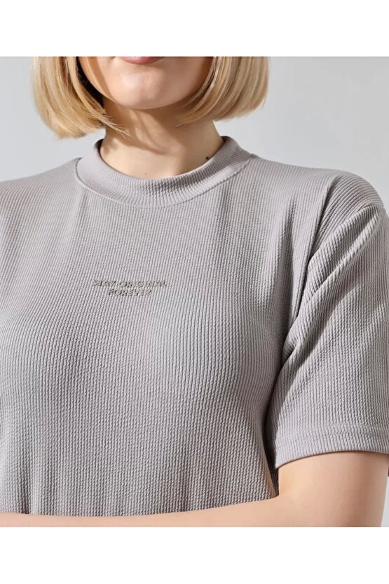 Unisex Bisiklet Yaka Baskılı lim Fit Thirt Boyalı Gri