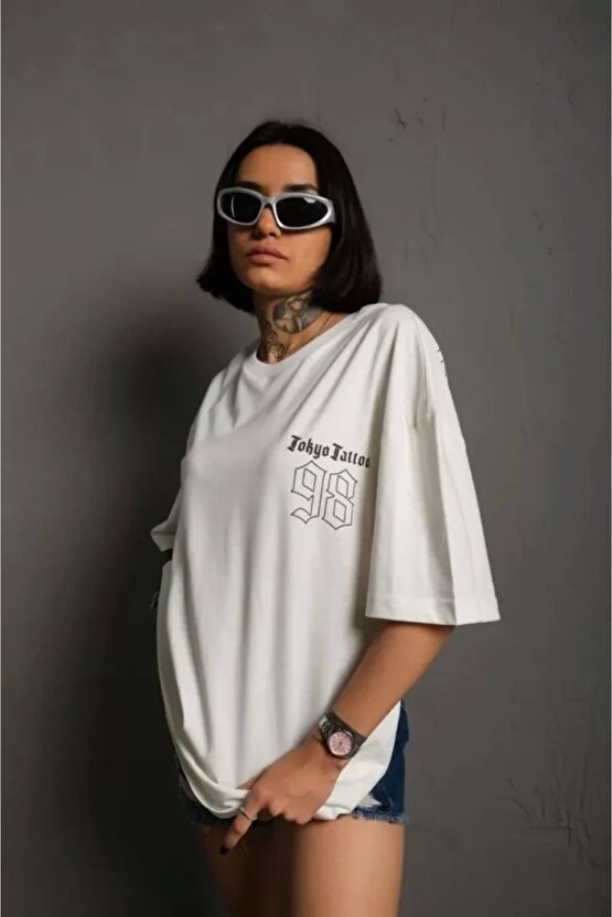 Unisex Bisiklet Yaka Baskılı Oversize Thirt  Beyaz