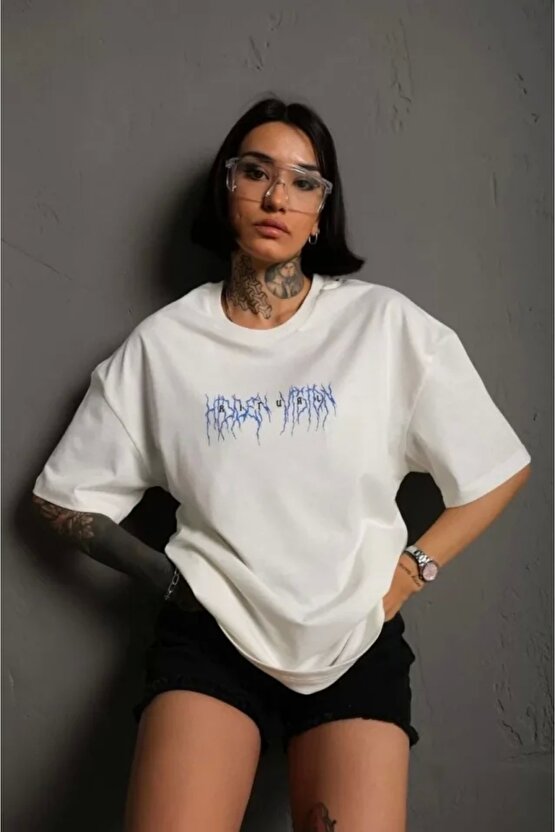 Unisex Bisiklet Yaka Baskılı Oversize Thirt  Beyaz