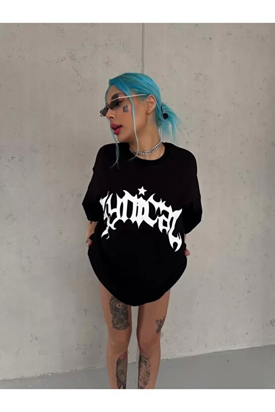 Unisex Bisiklet Yaka Baskılı Oversize Thirt  iyah