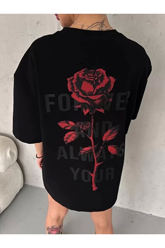 Unisex Bisiklet Yaka Baskılı Oversize Thirt  iyah