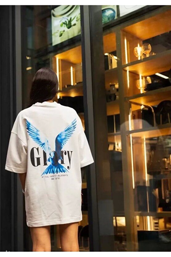 Unisex Bisiklet Yaka Baskılı Oversize Thirt  Beyaz