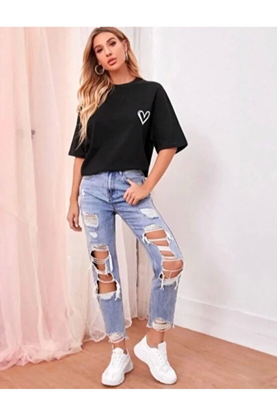 Bisiklet Yaka Baskılı Oversize Thirt  iyah