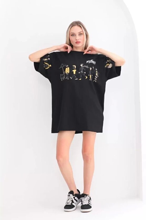 Unisex Bisiklet Yaka Baskılı Oversize Thirt  iyah