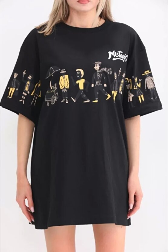 Unisex Bisiklet Yaka Baskılı Oversize Thirt  iyah