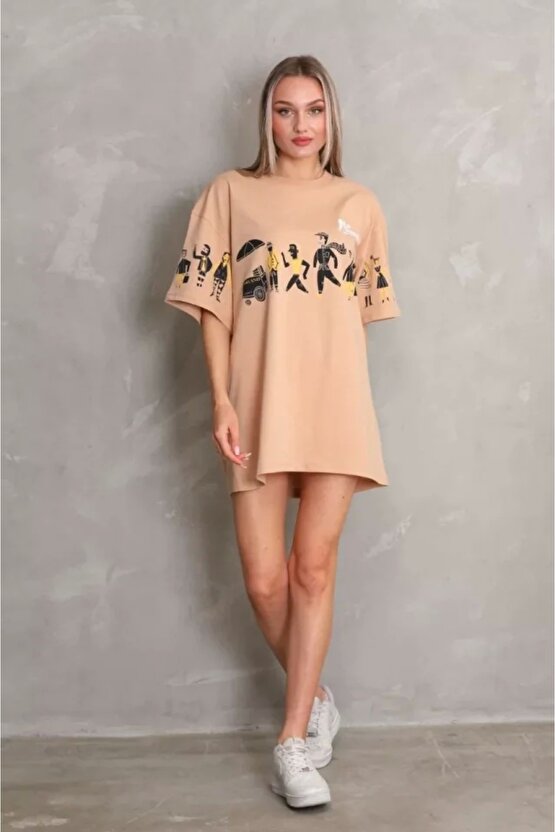 Unisex Bisiklet Yaka Baskılı Oversize Thirt  Bej