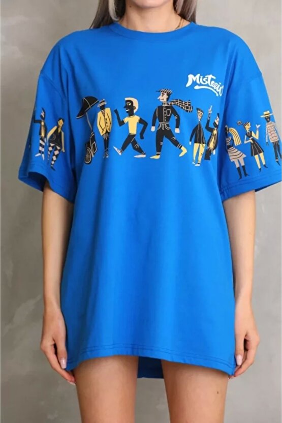 Unisex Bisiklet Yaka Baskılı Oversize Thirt  avi