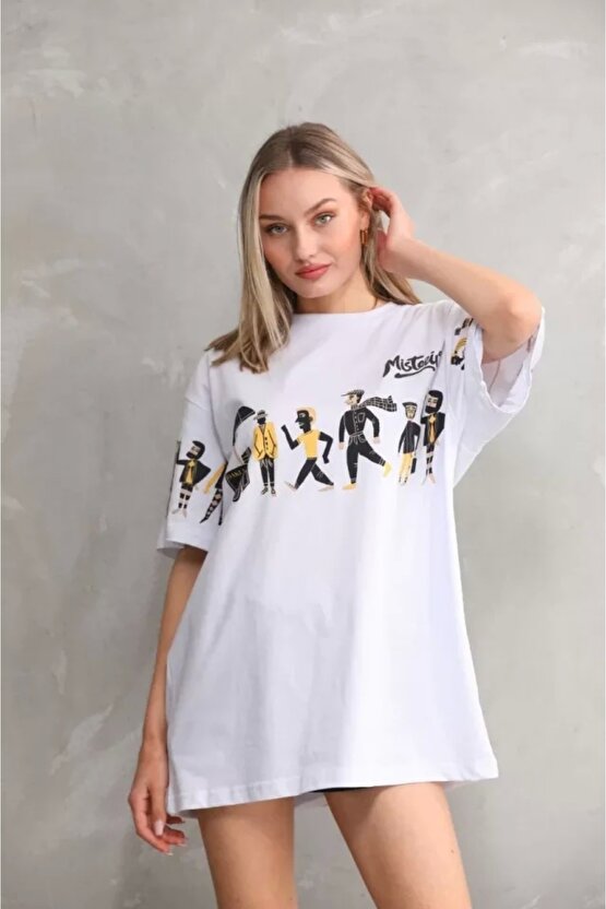 Unisex Bisiklet Yaka Baskılı Oversize Thirt  Beyaz