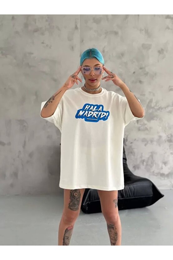 Unisex Bisiklet Yaka Baskılı Oversize Thirt  Beyaz