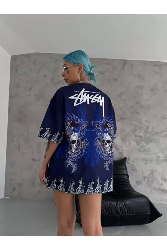 Unisex Bisiklet Yaka Baskılı Oversize Thirt acivert