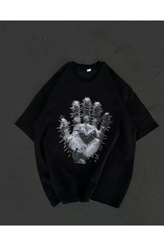 Unisex Bisiklet Yaka Baskılı Oversize Thirt  iyah