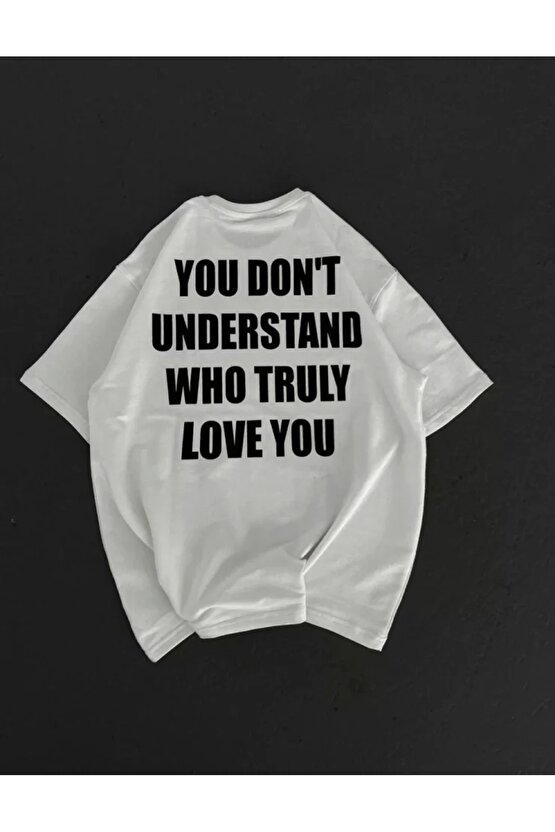 Unisex Bisiklet Yaka Baskılı Oversize Thirt  Beyaz