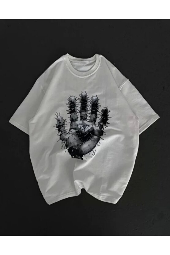 Unisex Bisiklet Yaka Baskılı Oversize Thirt  Beyaz