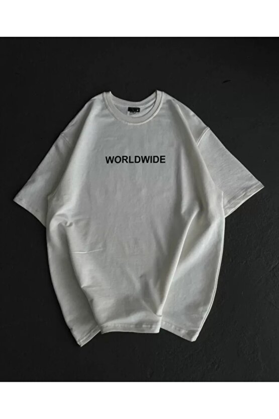 Unisex Bisiklet Yaka Baskılı Oversize Thirt  Beyaz