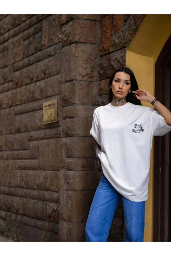 Unisex Bisiklet Yaka Baskılı Oversize Thirt  Beyaz