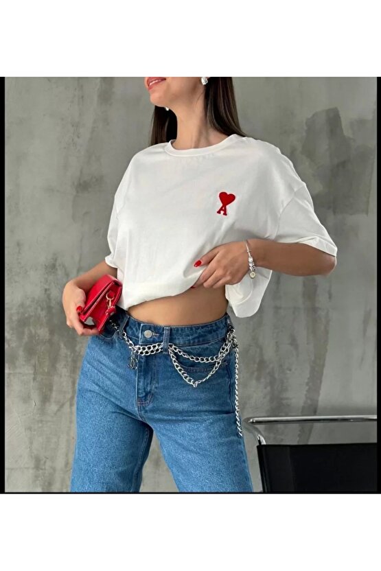 Unisex Bisiklet Yaka Baskılı Oversize Thirt  Beyaz