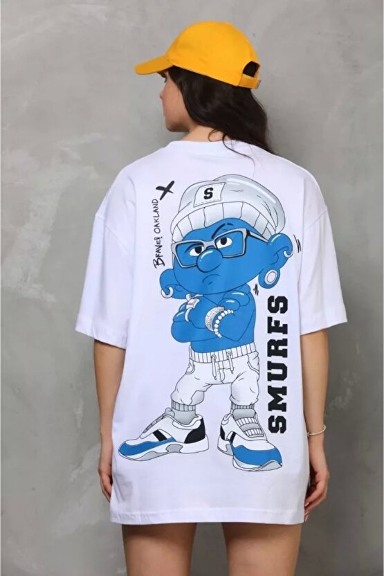 Unisex Bisiklet Yaka Baskılı Oversize Thirt  Beyaz