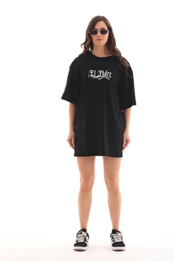 Unisex Bisiklet Yaka Baskılı Oversize Thirt  iyah