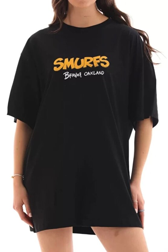 Unisex Bisiklet Yaka Baskılı Oversize Thirt  iyah