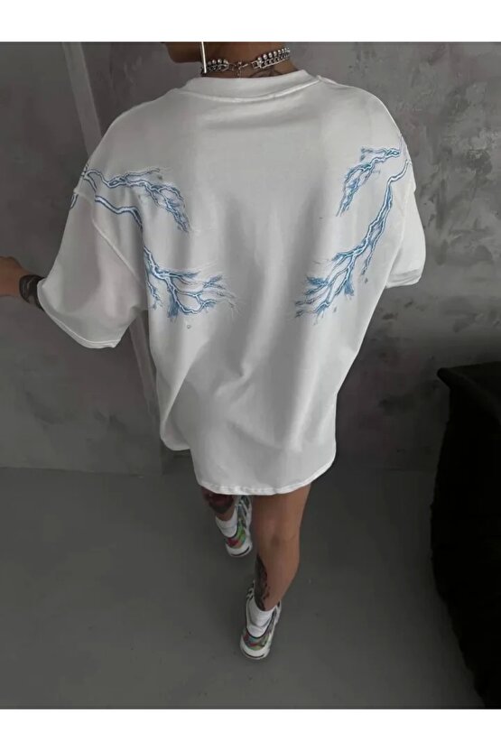 Unisex Bisiklet Yaka Baskılı Oversize Thirt  Beyaz