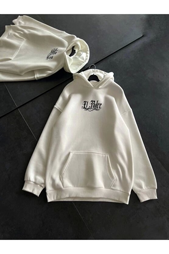 AhEs Shopping Üç İplik Penye Uzun Kol Kapşonlu Baskılı SweatShirt - Beyaz