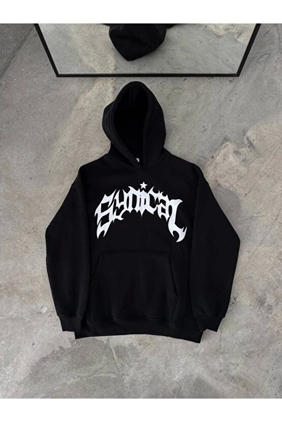 MDB Üç İplik Kapşonlu Baskılı Oversize weathirt iyah