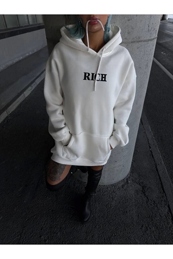 EKŞİOĞLU GLOBAL Uzun Kol Kapşonlu Göğüs Baskılı SweatShirt - Beyaz