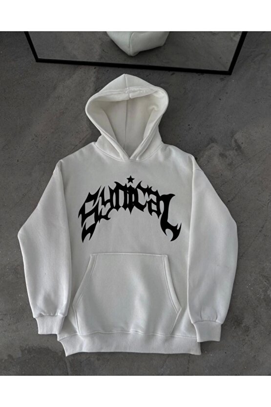 Üç İplik Kapşonlu Baskılı Oversize SweatShirt- Beyaz
