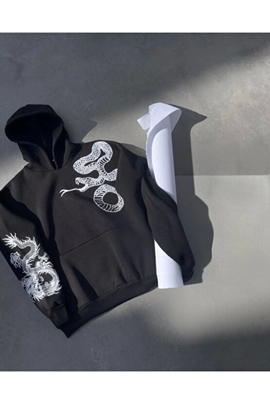 MDB Uzun Kol Kapşonlu Baskılı weathirt iyah