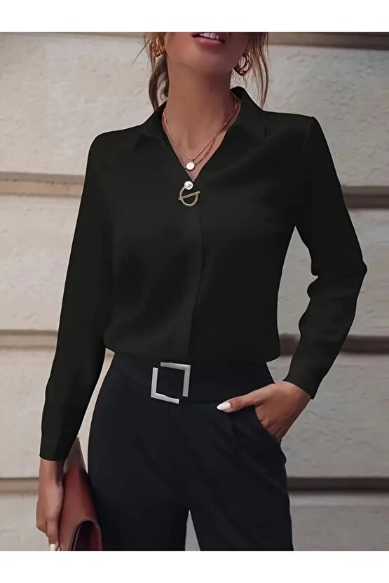 Kadın Uzun Kollu Yakalı Trikoton Gömlek