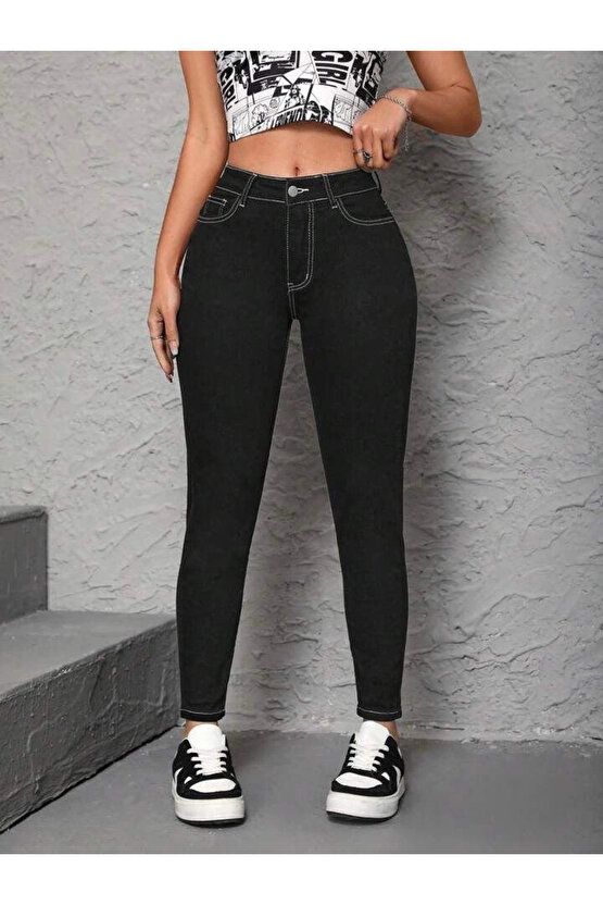 Kadın Yüksek Bel önden Düğmeli Dar Kesim Kot Pantolon