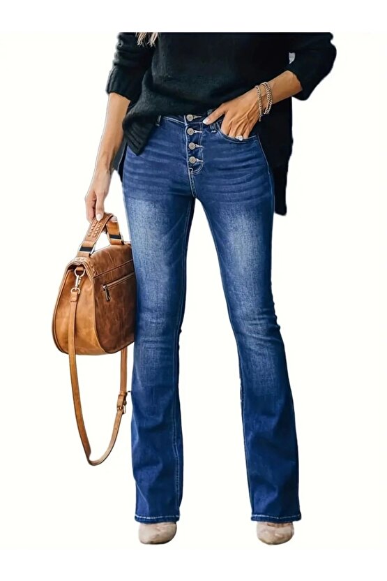 Kadın Yüksek Bel önden Düğmeli Cep Detay Ispanyol Paça Denim Pantolon
