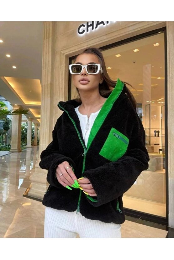 Kadın Uzun Kollu Renkli Cep Ve Fermuar Detay Peluş ont