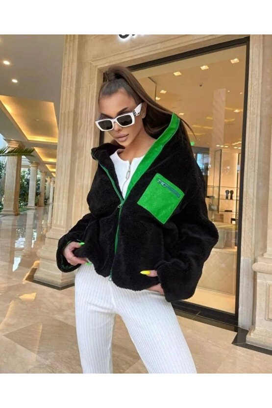 Kadın Uzun Kollu Renkli Cep Ve Fermuar Detay Peluş ont