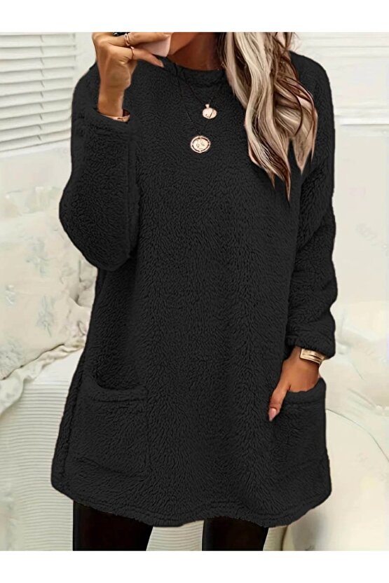 Kadın Uzun Kollu Yuvarlak Yakalı Cepli Peluş Bluz