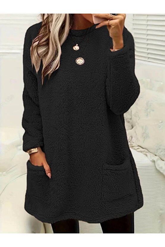 Kadın Uzun Kollu Yuvarlak Yakalı Cepli Peluş Bluz