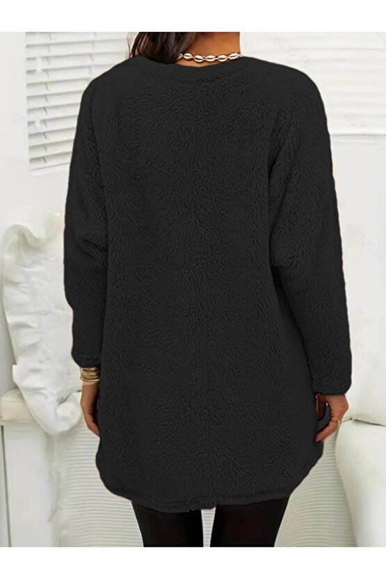 Kadın Uzun Kollu Yuvarlak Yakalı Cepli Peluş Bluz