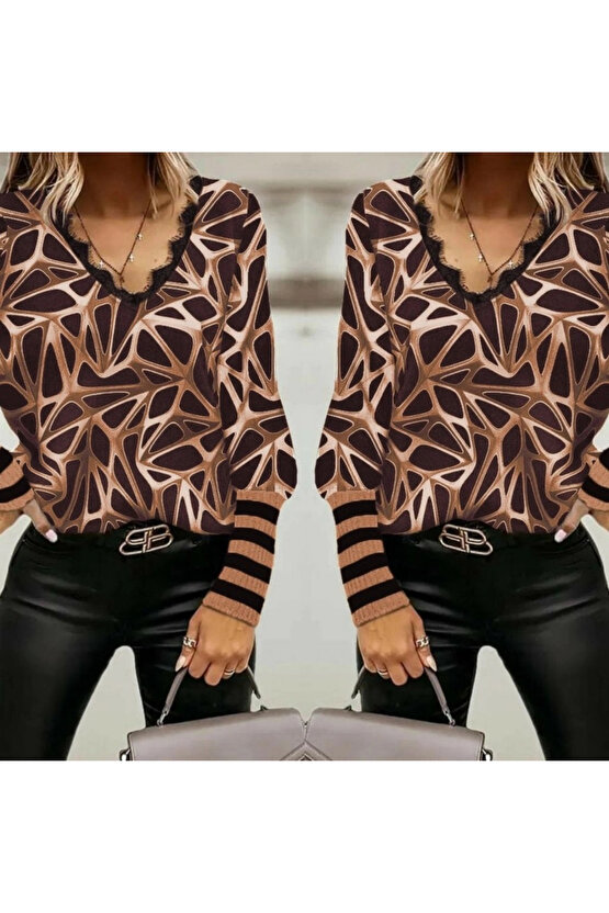 Kadın Uzun Kollu V Yaka Kenarları Güpür Detay şardonlu Dalgıç Bluz