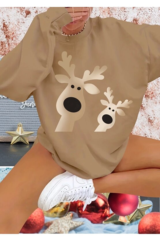 Kadın Uzun Kollu Bisiklet Yaka Geyik Desenli Viskon Iki Iplik Bluz