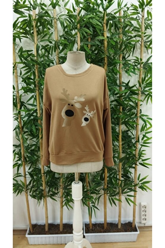 Kadın Uzun Kollu Bisiklet Yaka Geyik Desenli Viskon Iki Iplik Bluz