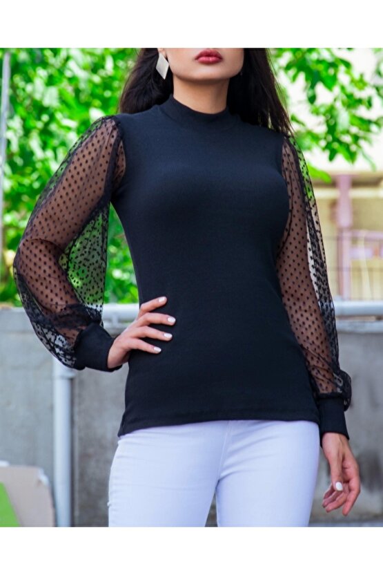 Kadın iyah Kolu Tül Detaylı Yarım Balıkçı Kaşkorse Bluz