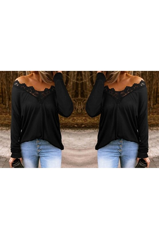 Kadın Uzun Kollu Yaka Güpür Detay Viskon Bluz