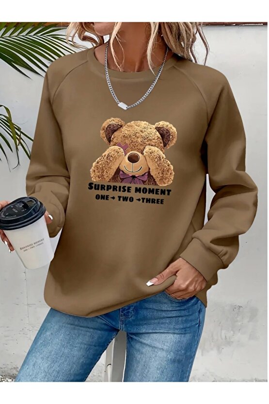 Kadın Uzun Kollu Bisiklet Yaka Ayıcık Desenli Viskon Iki Iplik Bluz