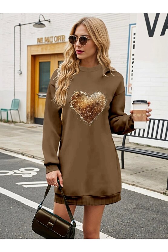 Kadın Uzun Kollu Bisiklet Yaka Kalp Desenli Viskon Iki Iplik Bluz