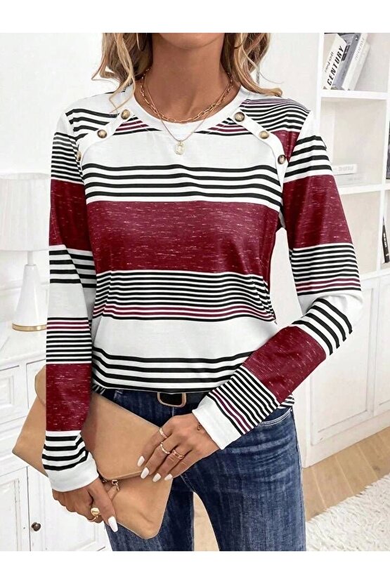 Kadın Uzun Kollu Bisiklet Yaka Düğme Detaylı Desenli Süprem Bluz