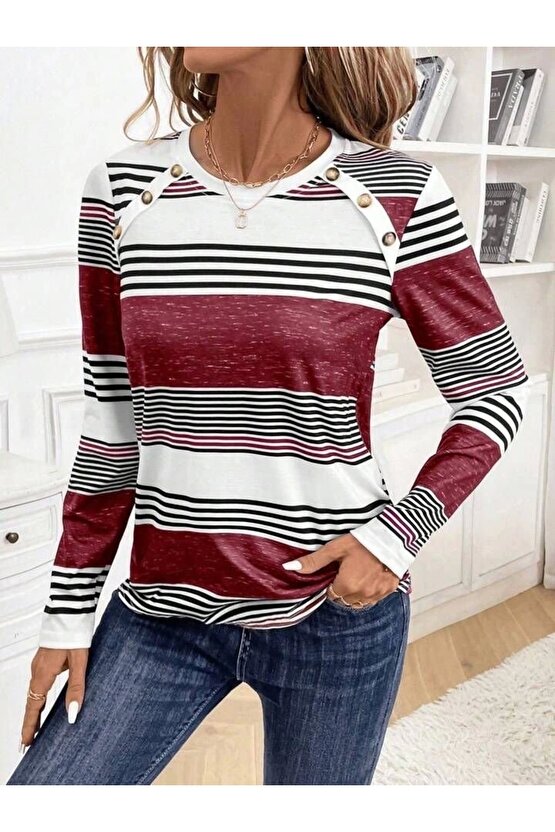 Kadın Uzun Kollu Bisiklet Yaka Düğme Detaylı Desenli Süprem Bluz